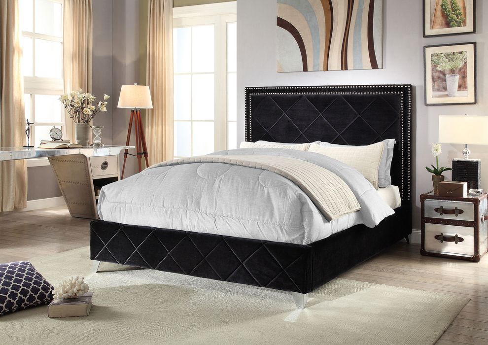 Nailhead trim modern velvet black fabric bed by Meridian