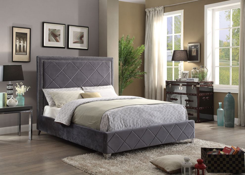 Nailhead trim modern gray velvet king bed by Meridian