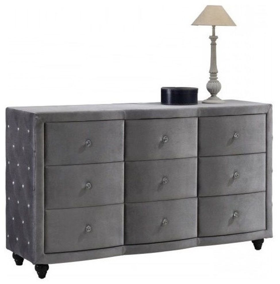 Gray fabric dresser with tufted buttons by Meridian