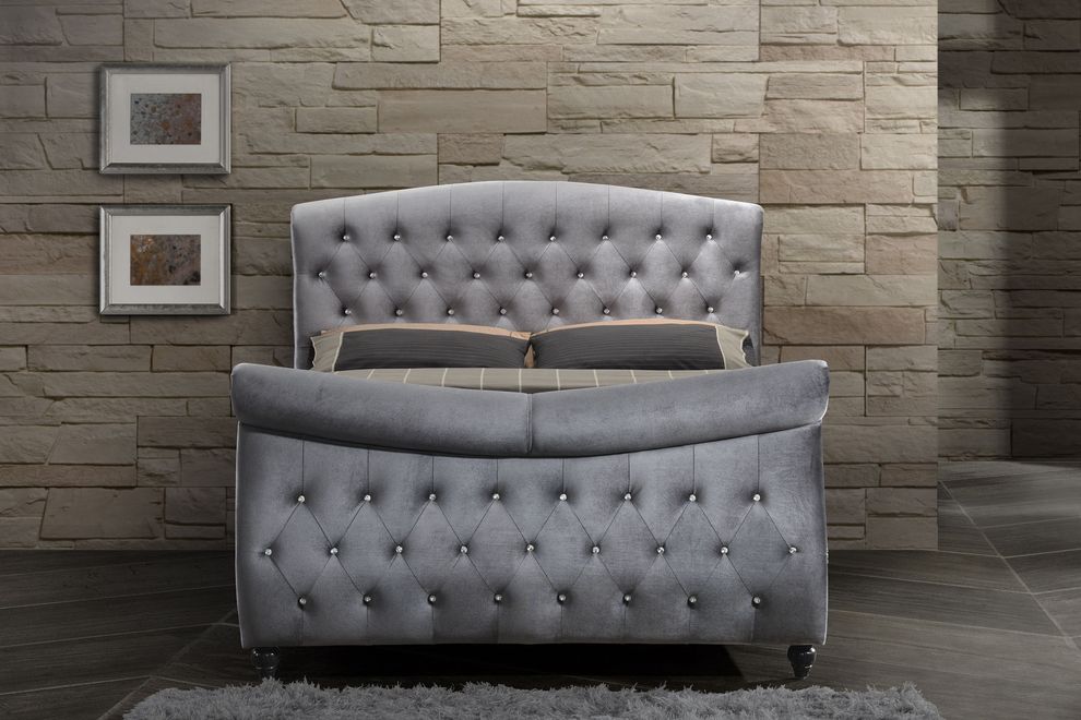 Gray fabric sleigh king bed w/ tufted buttons design by Meridian