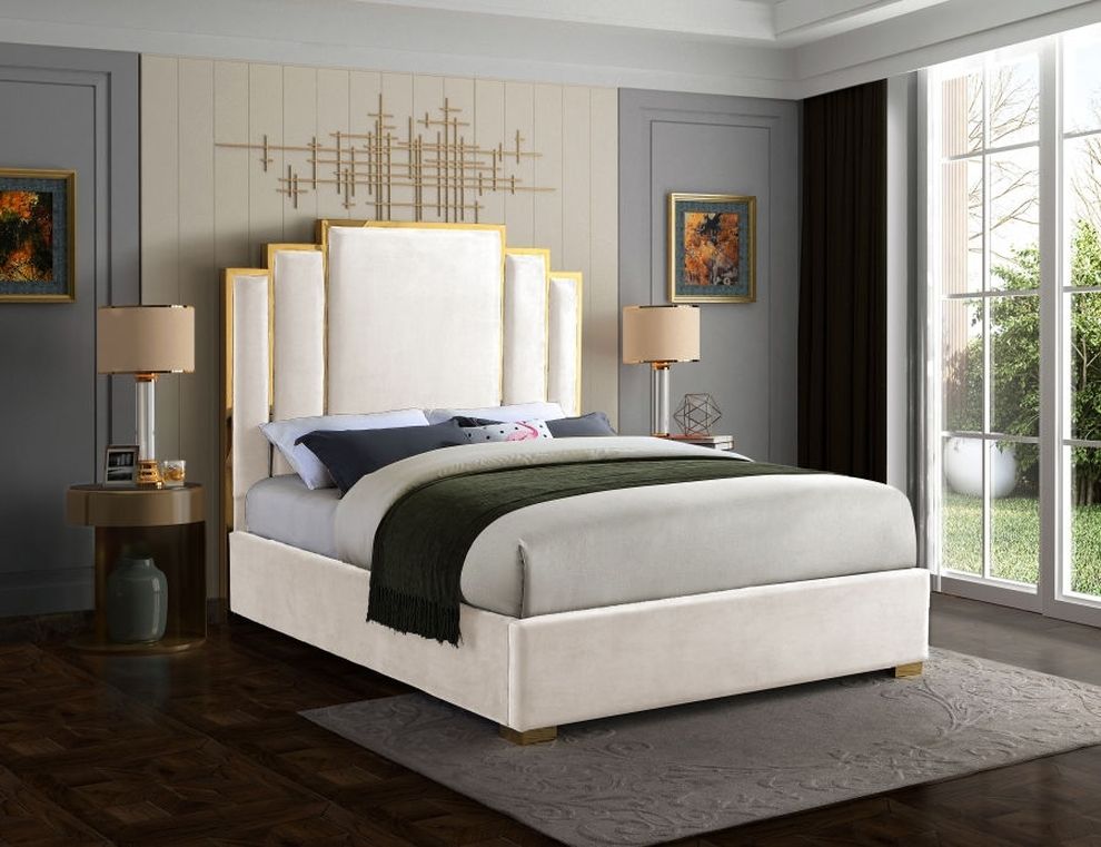 Cream velvet contemporary king bed w/ golden base by Meridian