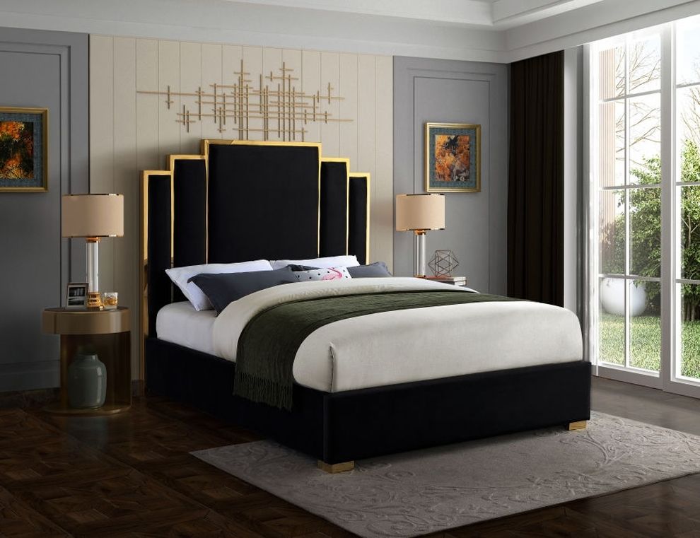 Black velvet contemporary bed w/ golden base by Meridian