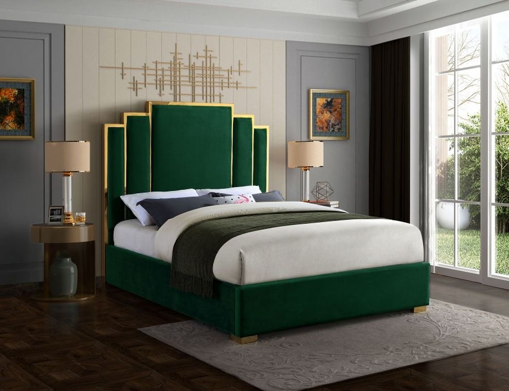 Green velvet contemporary king bed w/ golden base by Meridian