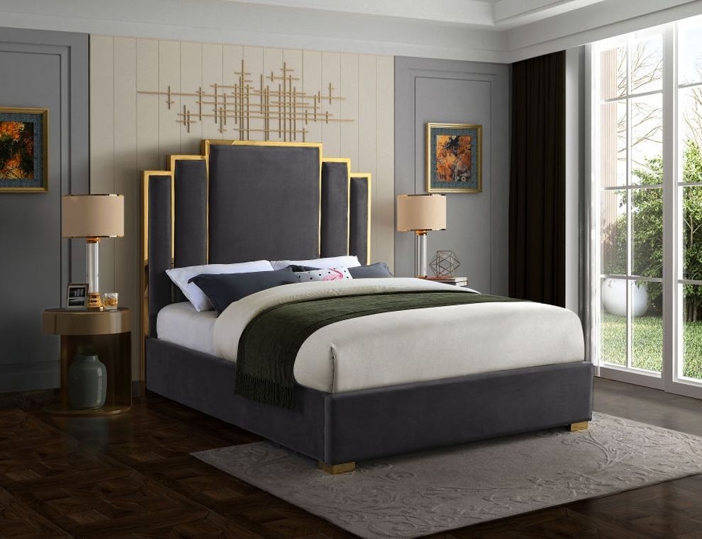 Gray velvet contemporary king bed w/ golden base by Meridian