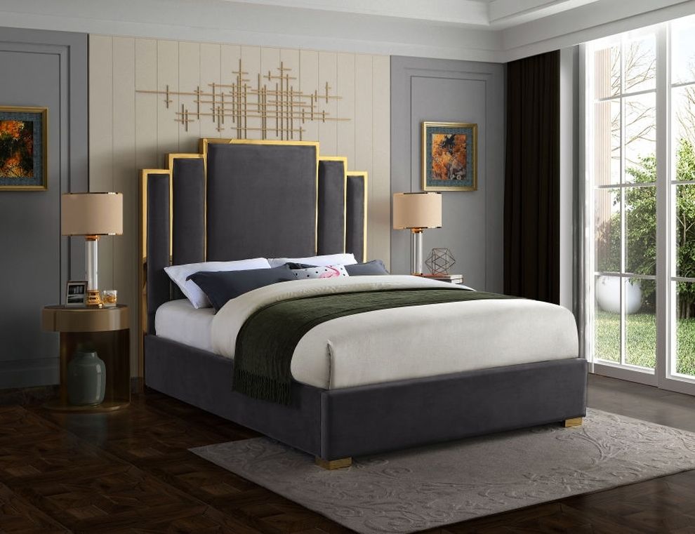 Gray velvet contemporary bed w/ golden base by Meridian
