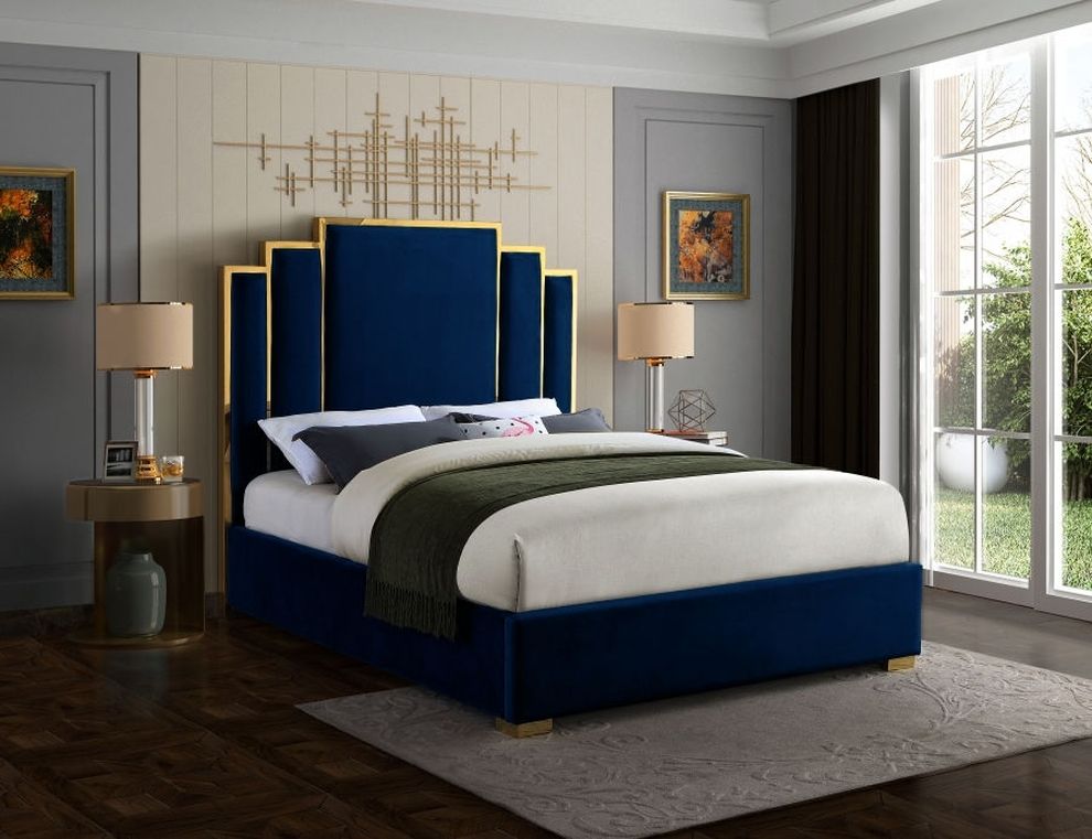 Navy velvet contemporary king bed w/ golden base by Meridian