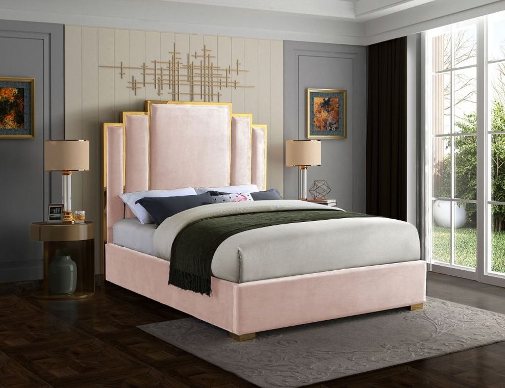 Pink velvet contemporary king bed w/ golden base by Meridian