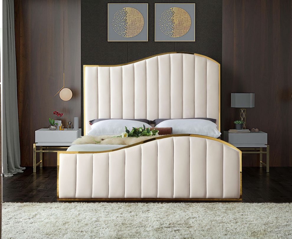 Curved golden frame / cream velvet king bed by Meridian