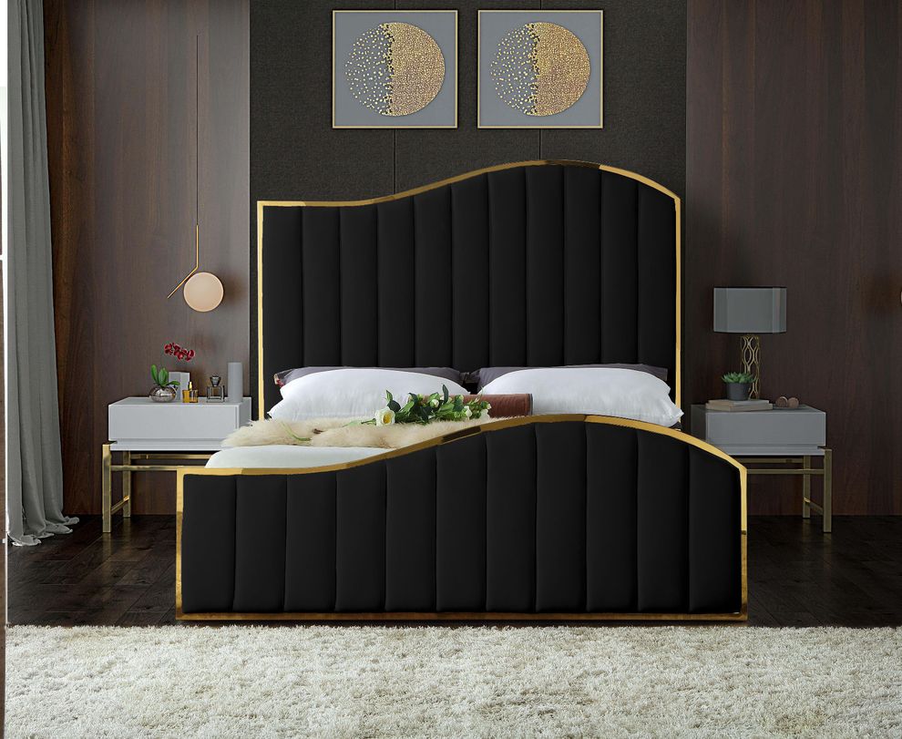 Curved golden frame / black velvet king bed by Meridian