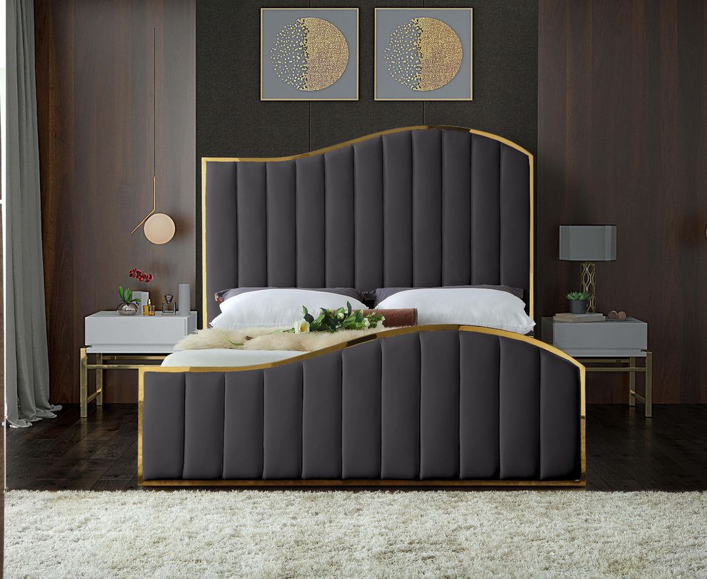 Curved golden frame / gray velvet king bed by Meridian