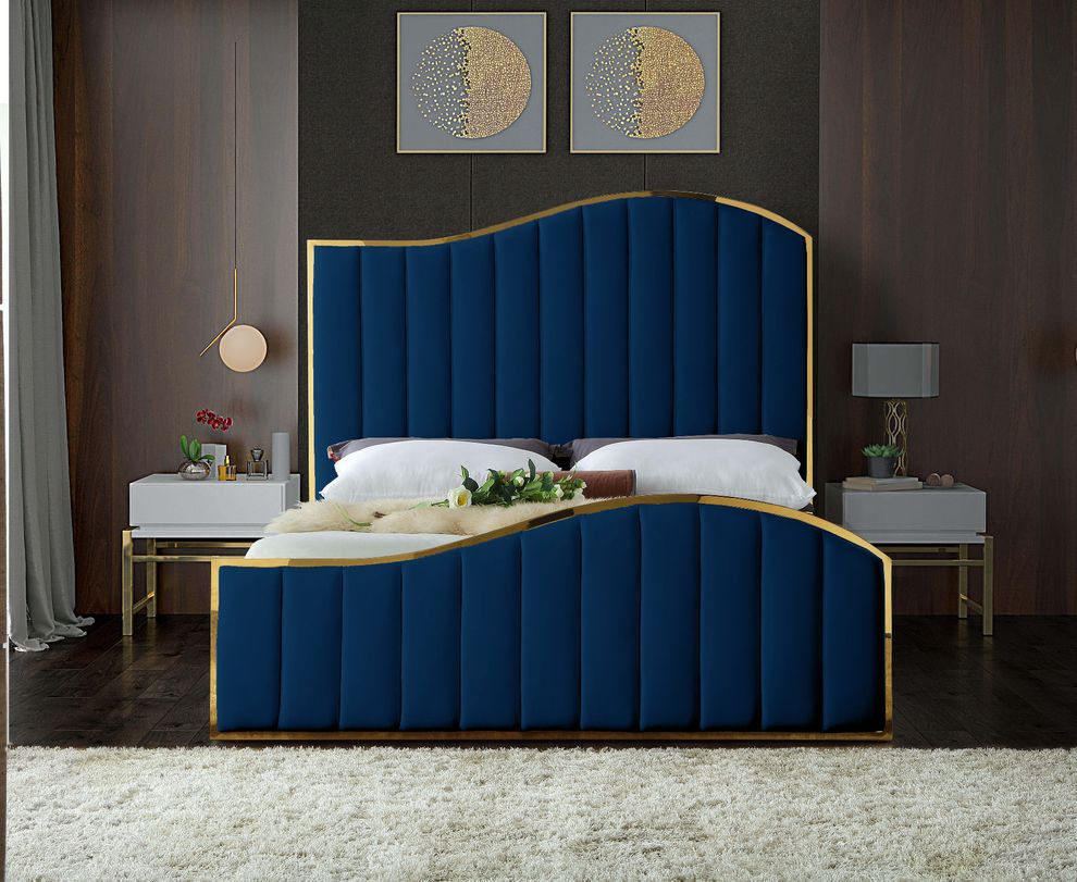 Curved golden frame / navy velvet king bed by Meridian