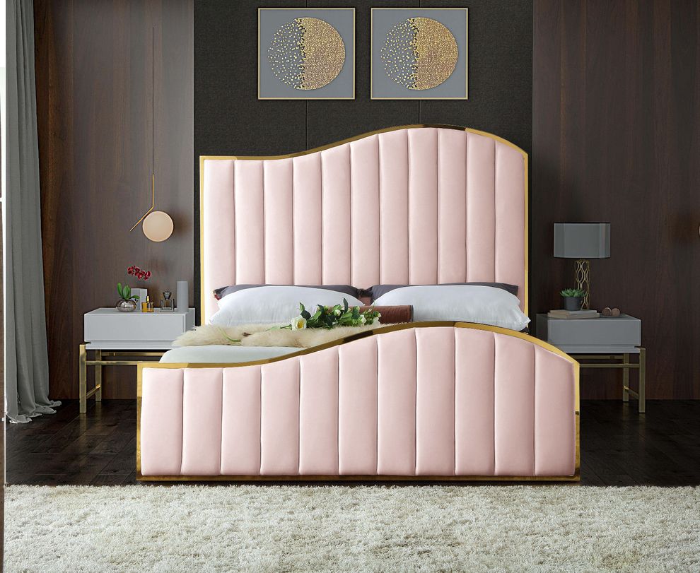 Curved golden frame / pink velvet king bed by Meridian