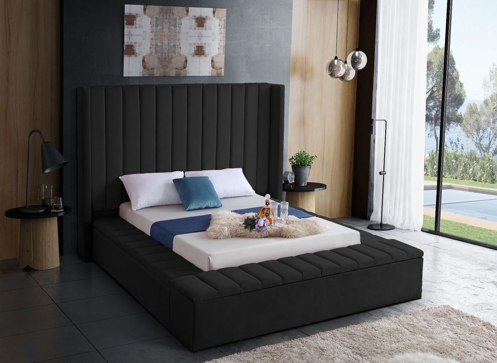 Channel tufting / storage black velvet modern bed by Meridian