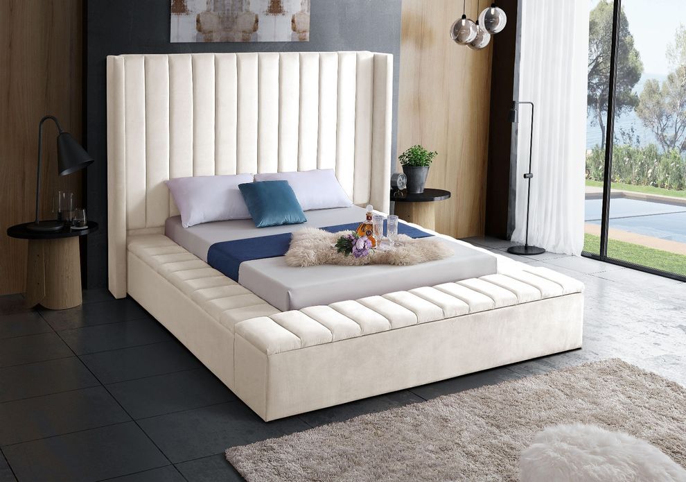 Channel tufting / storage cream velvet king bed by Meridian