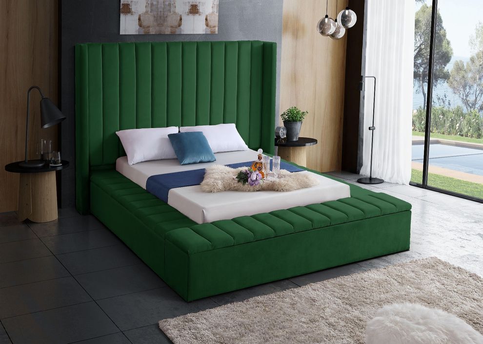 Channel tufting / storage green velvet king bed by Meridian