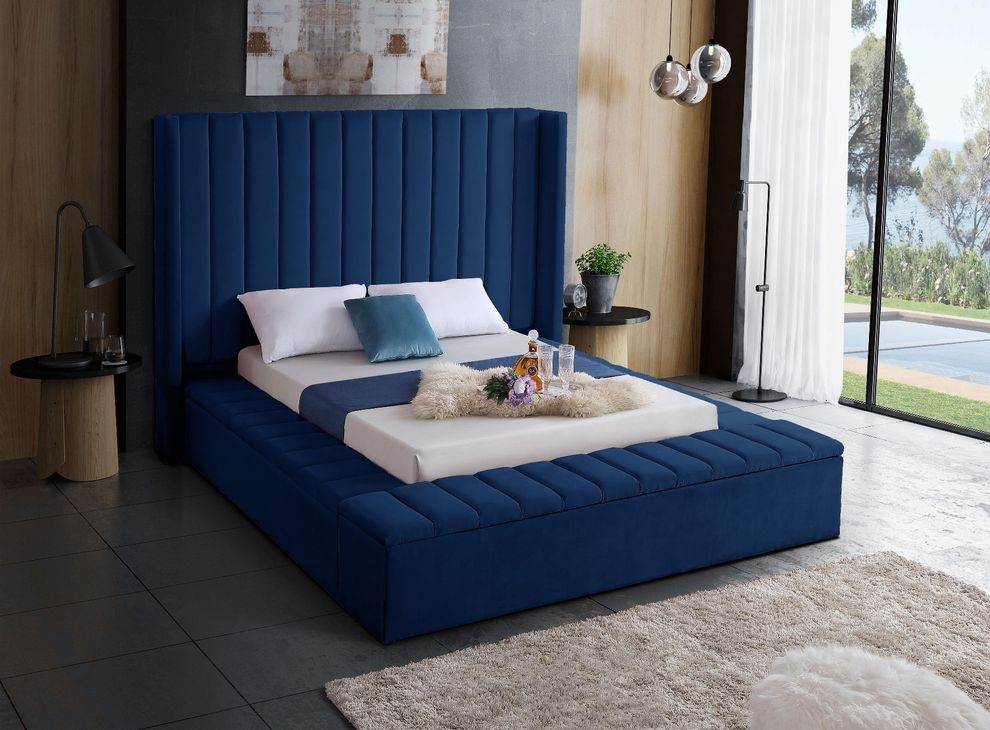 Channel tufting / storage navy velvet king bed by Meridian