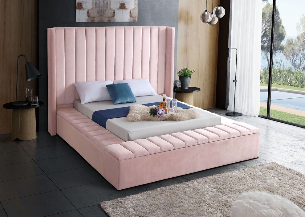 Channel tufting / storage pink velvet full bed by Meridian
