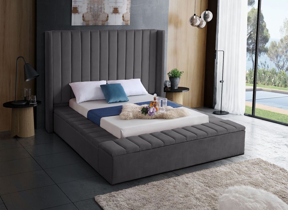 Channel tufting / storage gray velvet king bed by Meridian