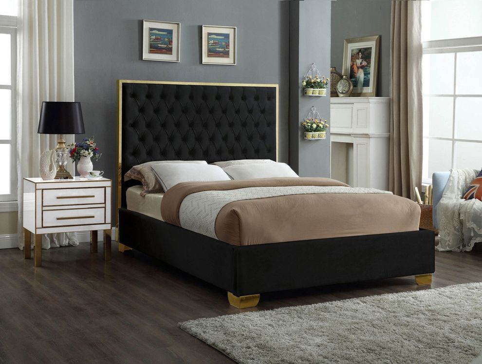 Modern gold legs/trim tufted bed in black velvet by Meridian