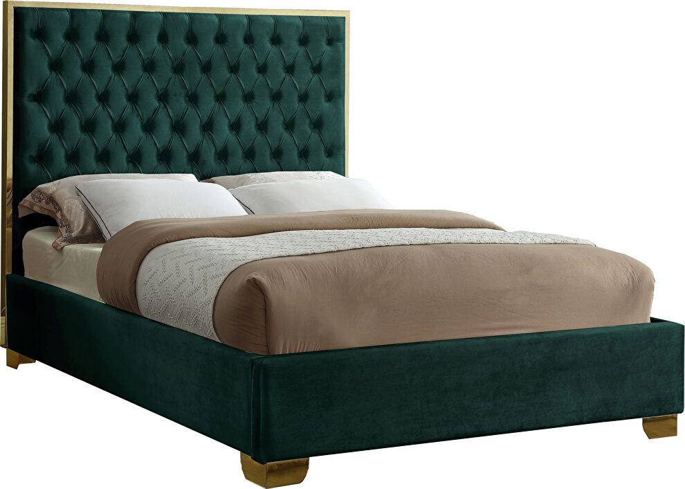 Modern gold legs/trim tufted full bed in green velvet by Meridian