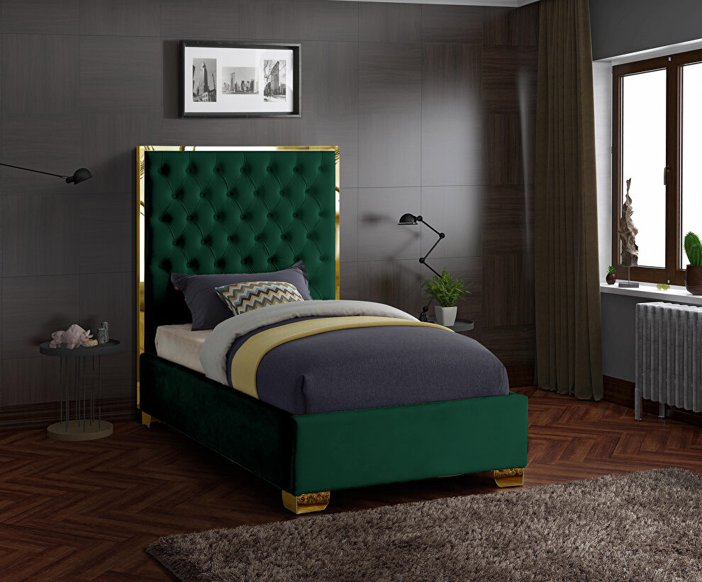 Modern gold legs/trim tufted twin bed in green velvet by Meridian