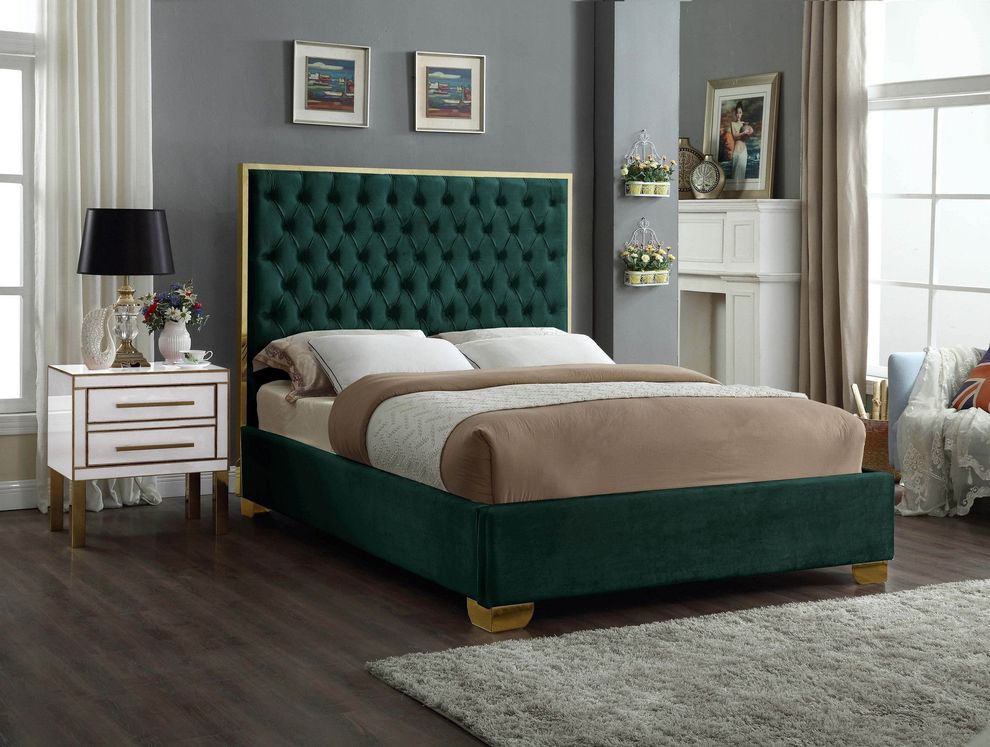 Modern gold legs/trim tufted bed in green velvet by Meridian