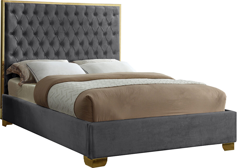 Modern gold legs/trim tufted bed in gray velvet by Meridian