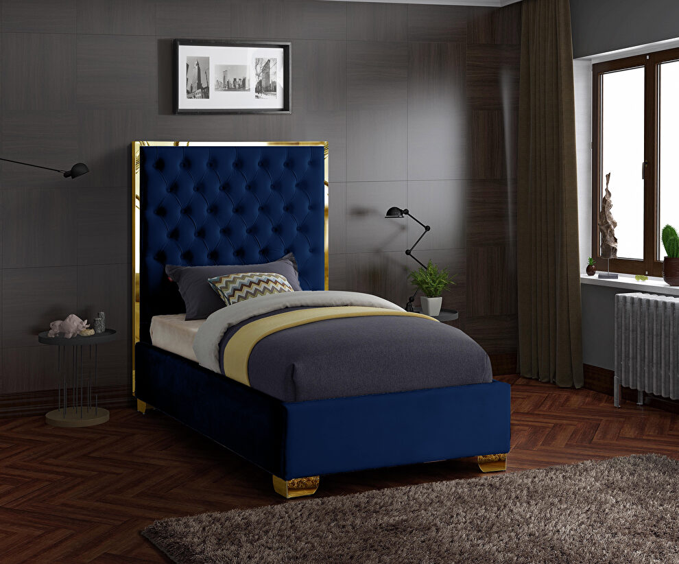 Modern gold legs/trim tufted twin bed in navy velvet by Meridian