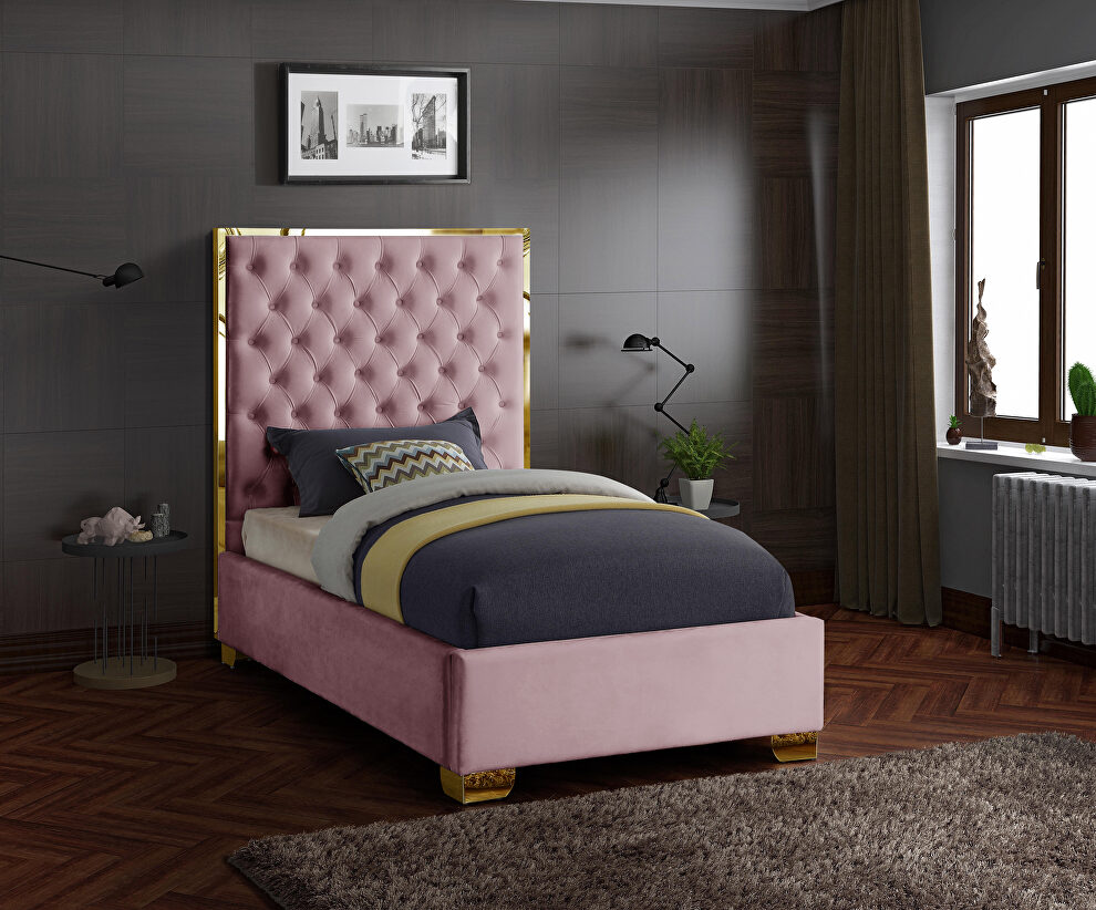 Modern gold legs/trim tufted twin bed in pink velvet by Meridian