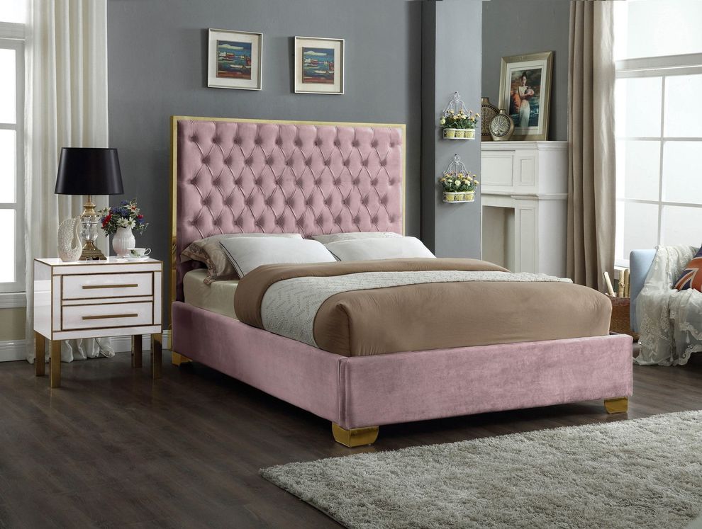 Modern gold legs/trim tufted bed in pink velvet by Meridian