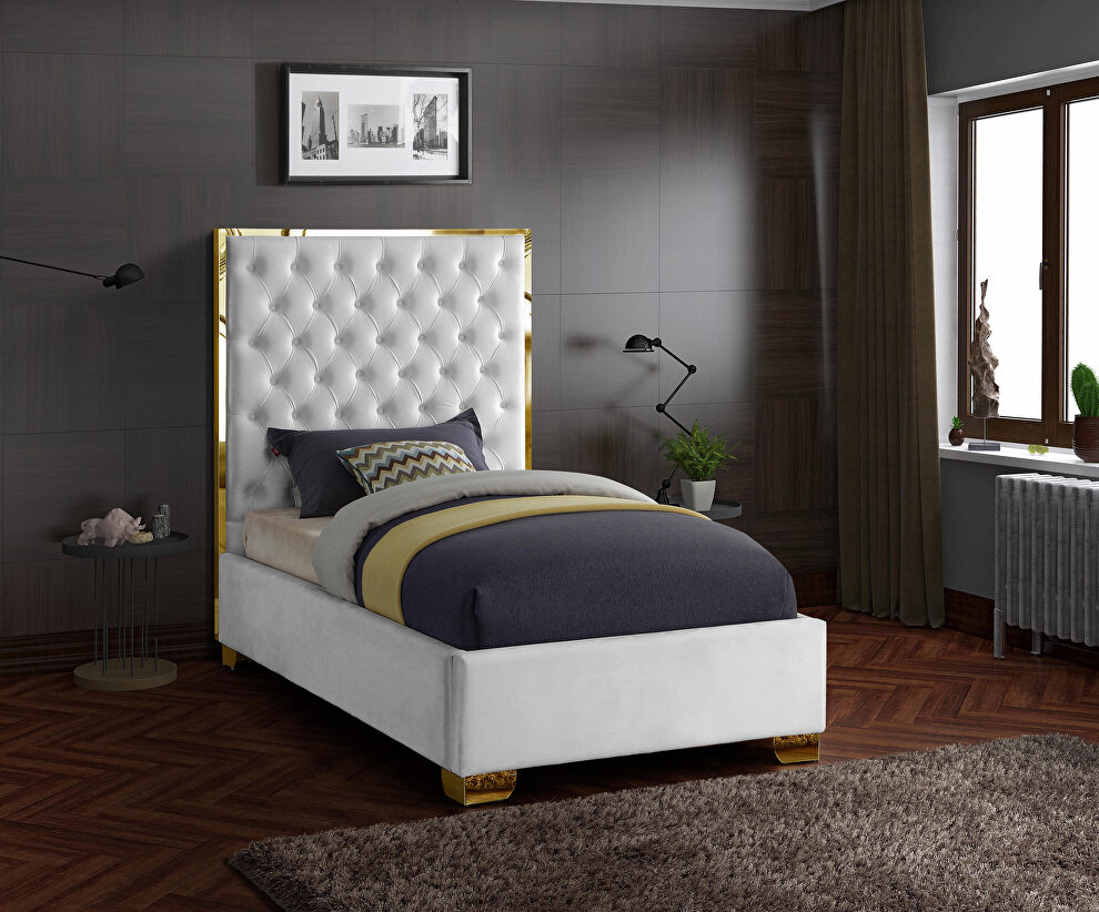 Modern gold legs/trim tufted twin bed in white velvet by Meridian