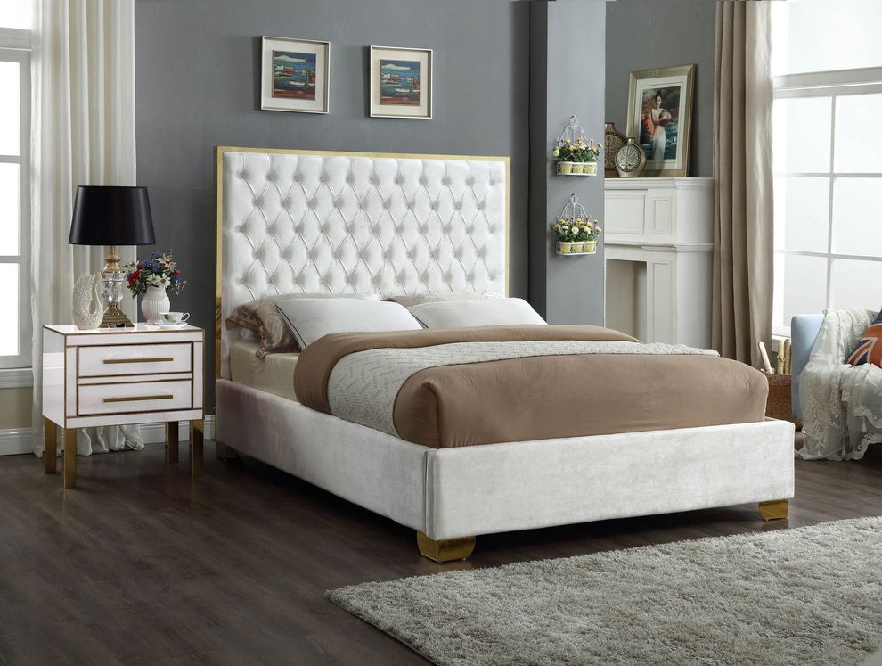 Modern gold legs/trim tufted bed in white velvet by Meridian