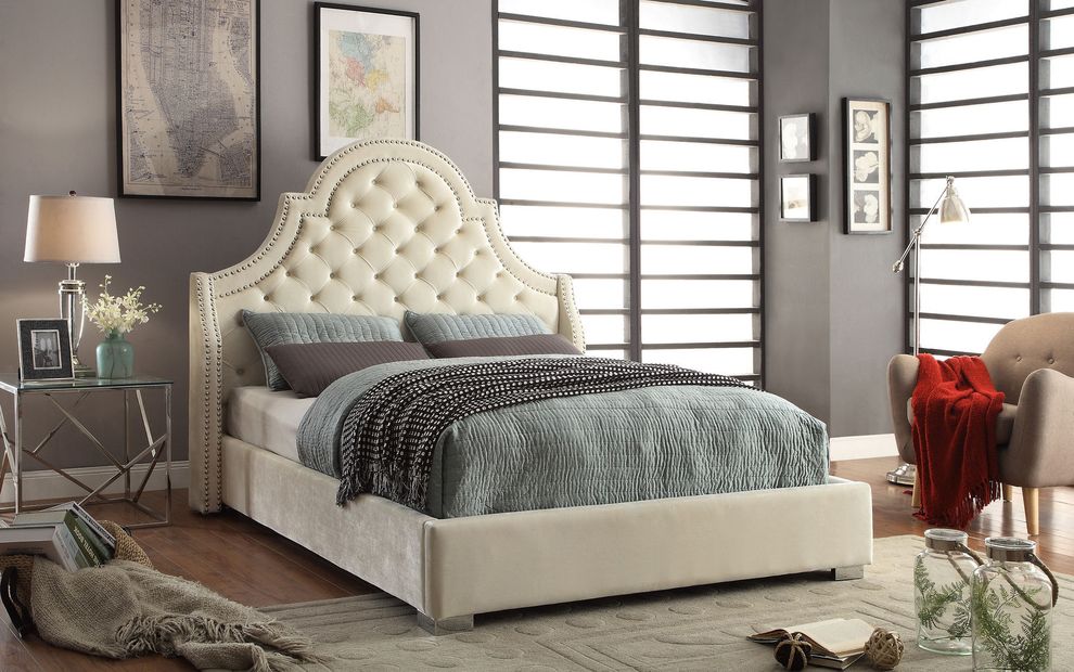 Tufted headboard cream king bed w/ nailheads by Meridian