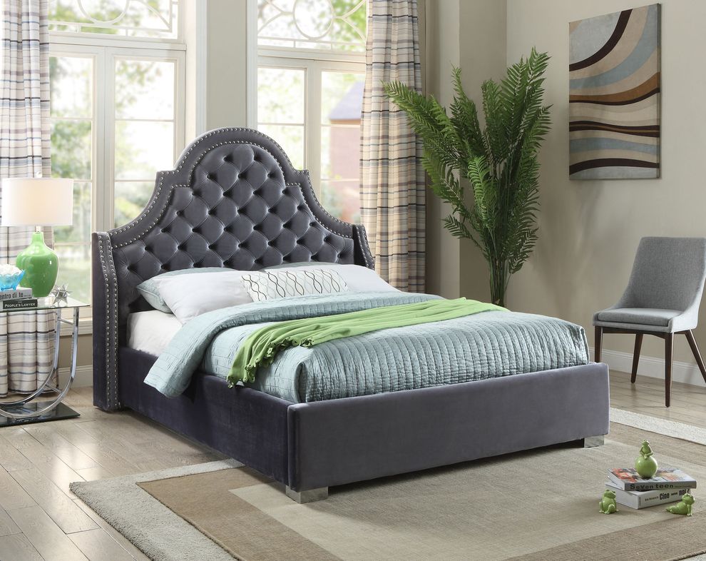 Tufted headboard gray king bed w/ nailheads by Meridian