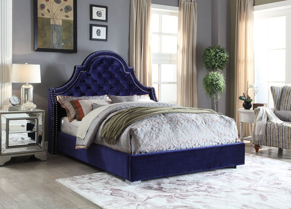 Tufted headboard navy fabric bed w/ nailheads by Meridian