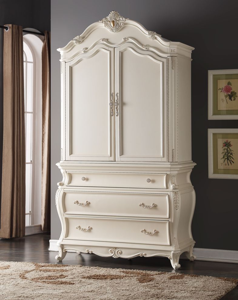 White pearl finish armoire by Meridian