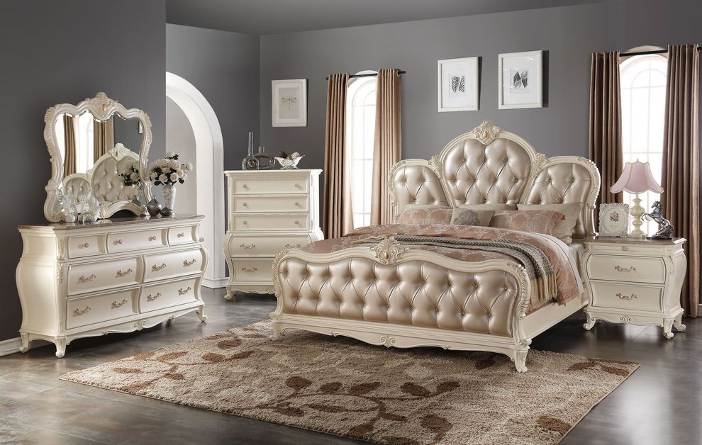 White pearl finish tufted headboard king size bed by Meridian