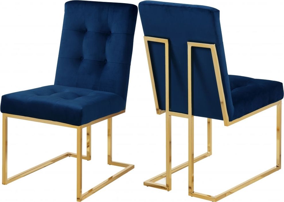Gold base / tufted blue velvet dining chair by Meridian