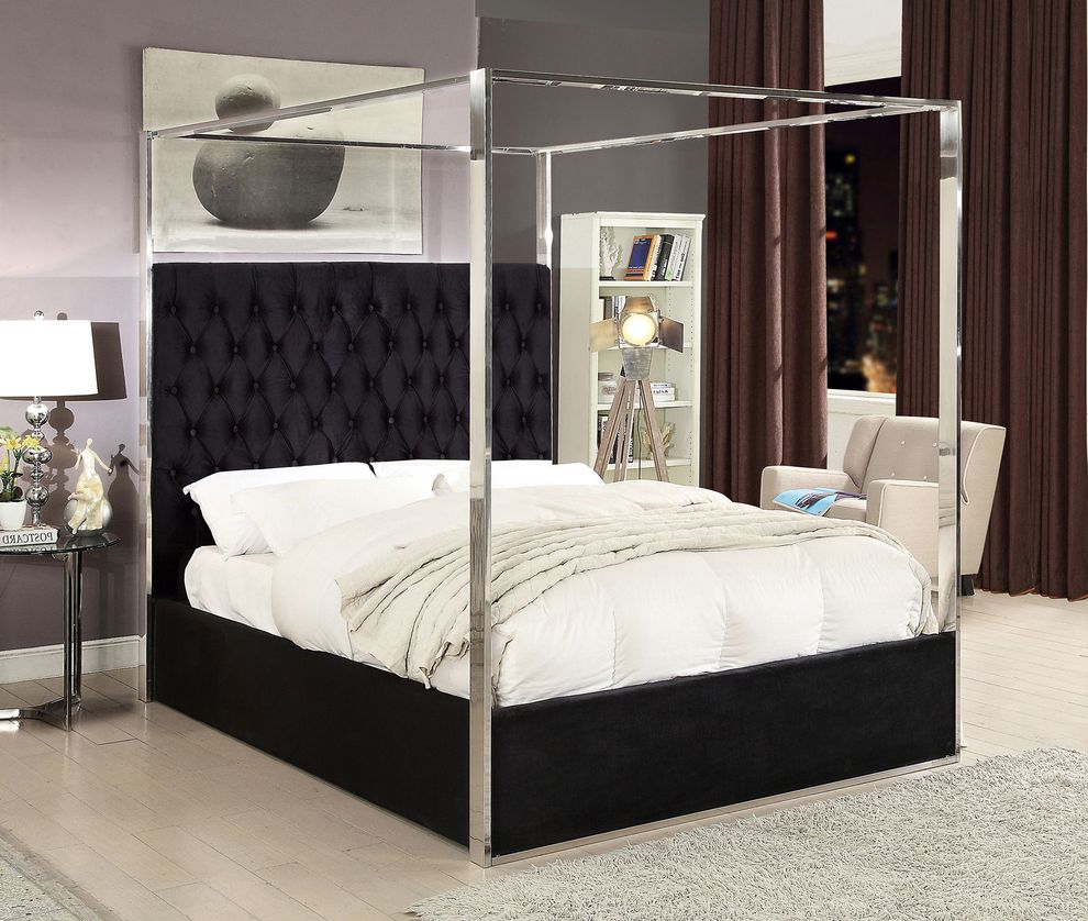 Velvet fabric canopy king bed in modern style by Meridian
