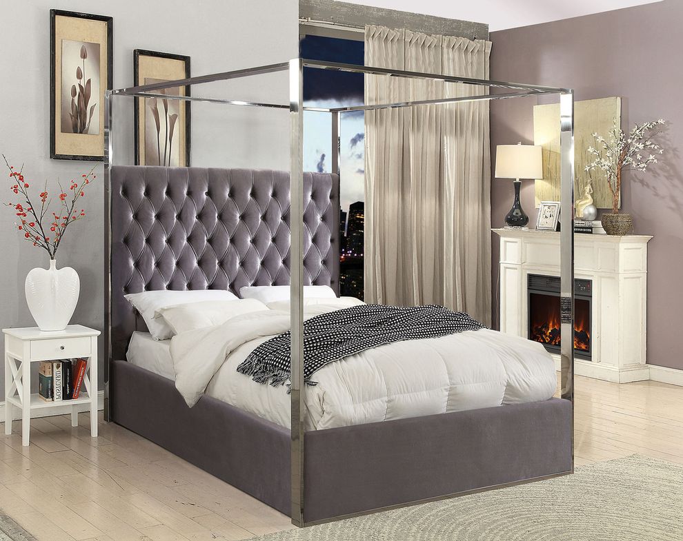 Velvet fabric canopy bed in modern style by Meridian