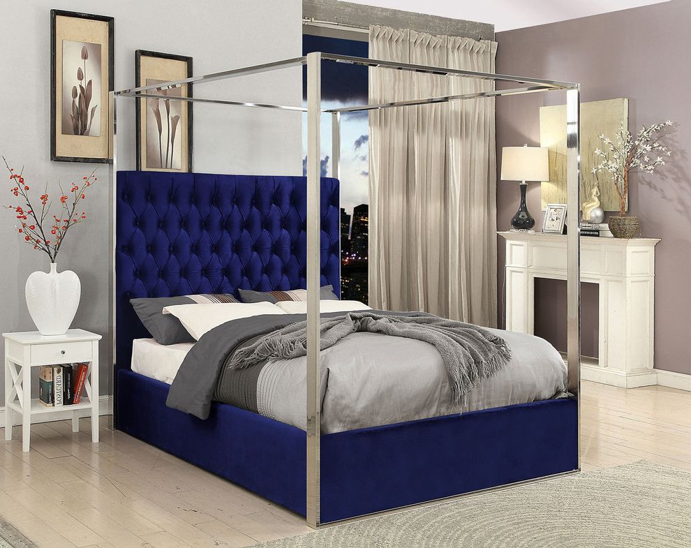 Velvet fabric canopy king bed in modern style by Meridian