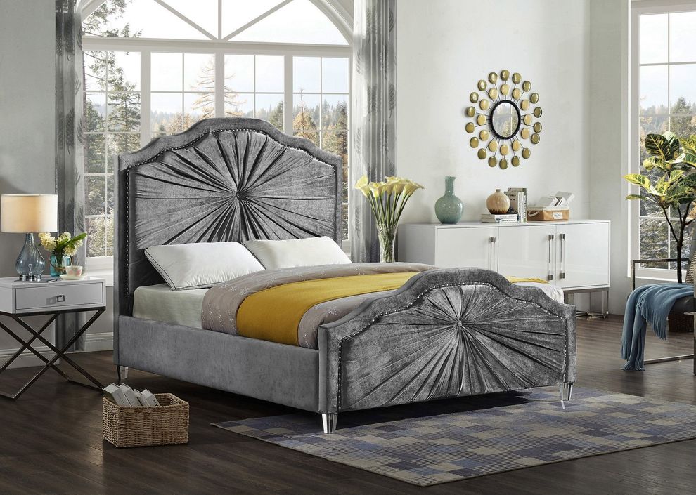 Contemporary platform king bed in gray velvet by Meridian