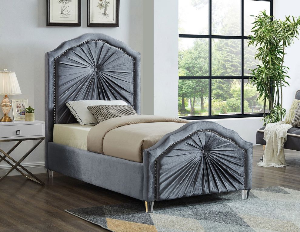 Contemporary platform twin bed in gray velvet by Meridian