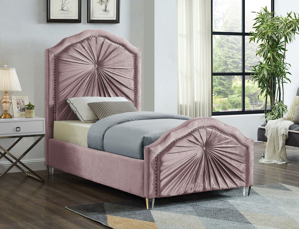 Contemporary platform twin bed in pink velvet by Meridian