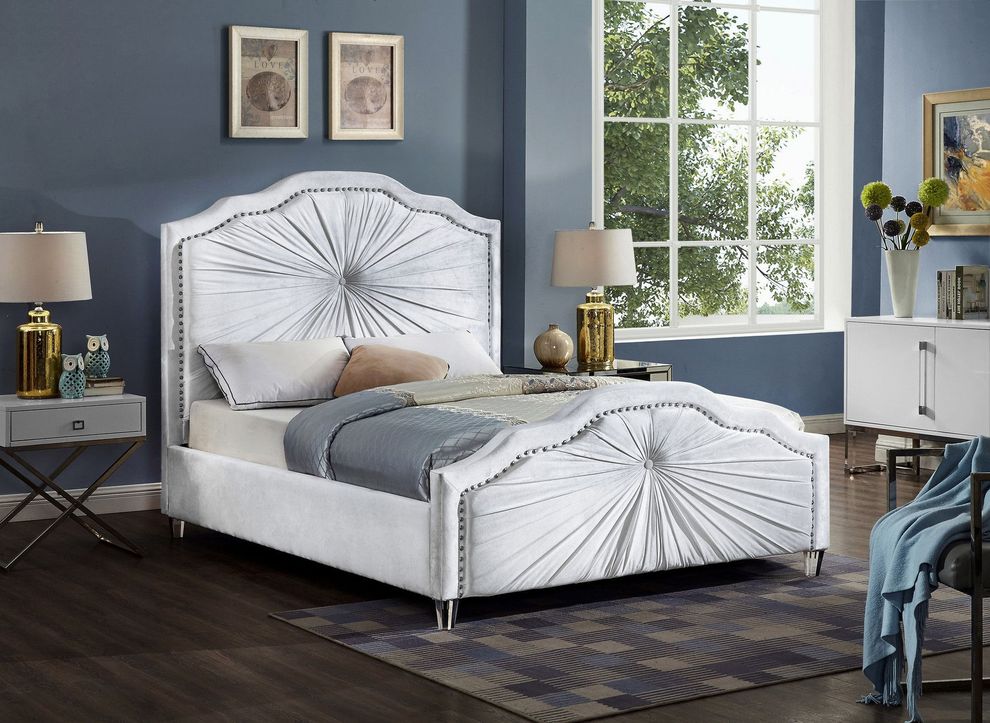 Contemporary platform king bed in white velvet by Meridian
