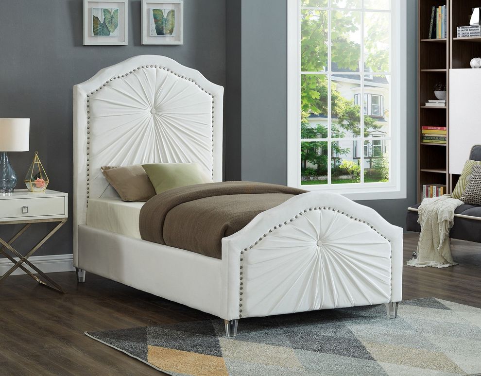 Contemporary platform twin bed in white velvet by Meridian