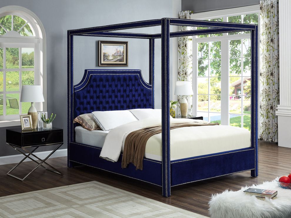 Canopy navy velvet fabric king bed in modern style by Meridian