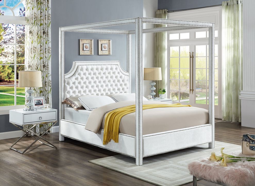 Canopy white velvet fabric king bed in modern style by Meridian
