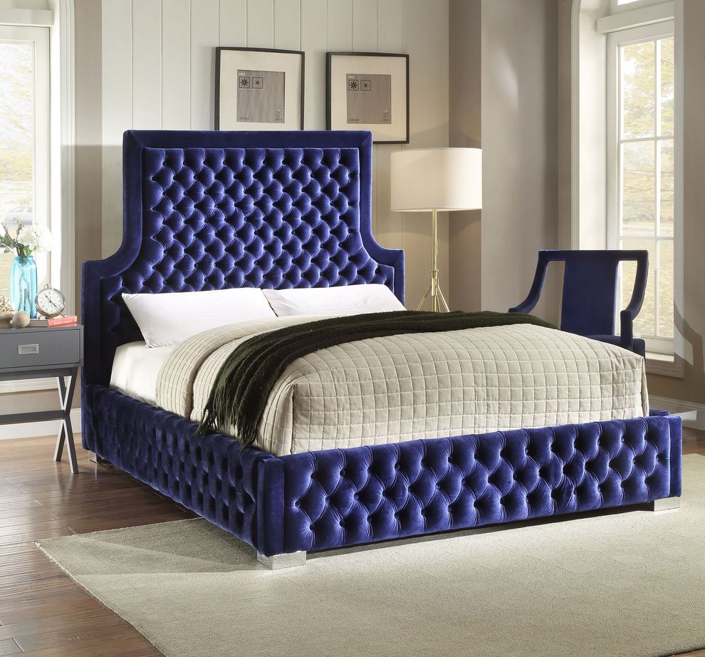 Velvet navy fabric king bed w/ tufted headboard by Meridian