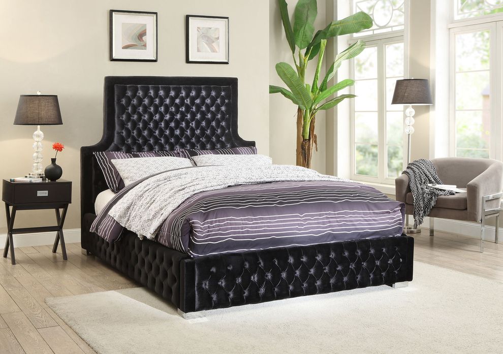 Velvet black fabric king bed w/ tufted headboard by Meridian